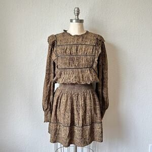 RAILS Faren Mini Dress Brown Sepia Python Snake Smocked LS Ruffled